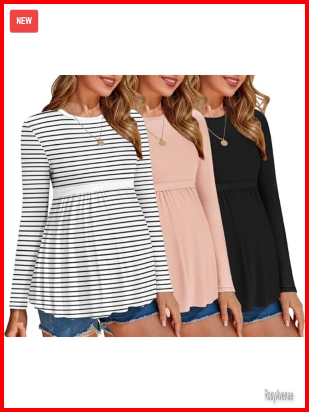 Ekouaer Maternity Shirts 3 Pack Pleated Long Sleeve Pregnancy Tops
